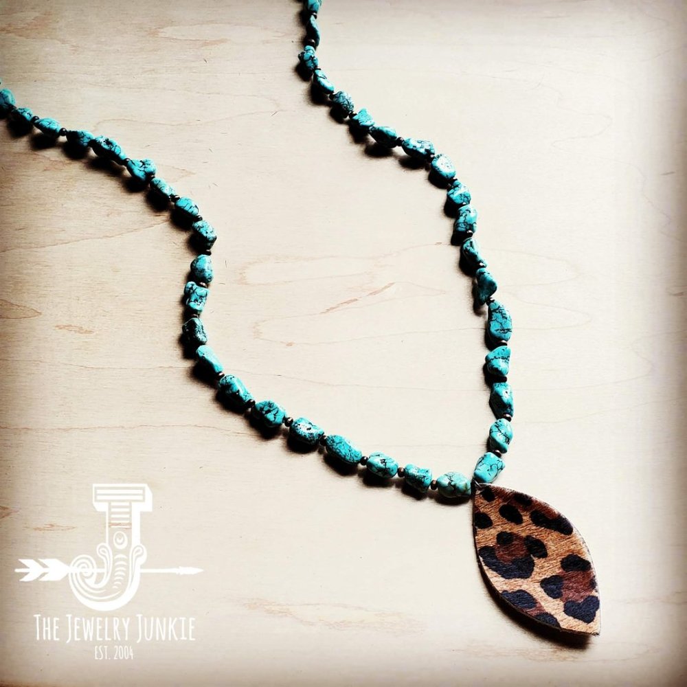 Boho Turquoise Nugget Necklace w Leopard Pendant - Picture 2 of 3